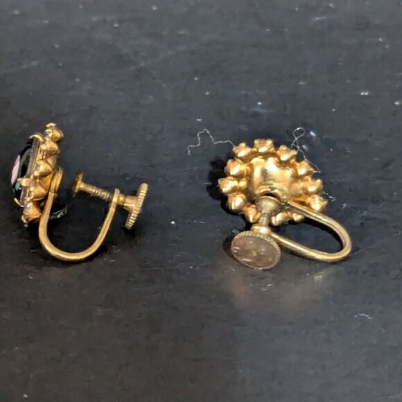 Vintage Screw Back Earrings W/ Floral Black Glass Cabochons & Rhinestones - Picture 5 of 6